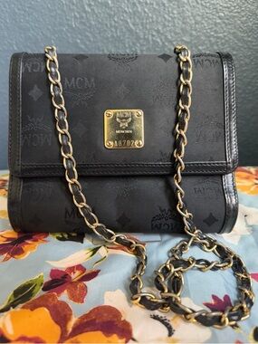 MCM Black Logo Mini Crossbody Bag with Gold Chain